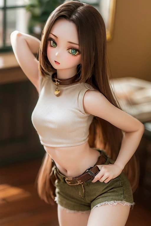 (SFW:2), photorealistic, realistic photo, ((highest quality)), ((masterpiece)), (extremely detailed), kukolnydom, doll, (mature woman, 22yo, 22 years old:1.6), solo, ((cowboy shot, dynamic pose)), (skinny, slender, slim, parted lips), green eyes, brown hair, (looking at another, gradient eyes, shining eyes, detailed eyes, detailed face:1.3), tank top, hot pants, room, 8k