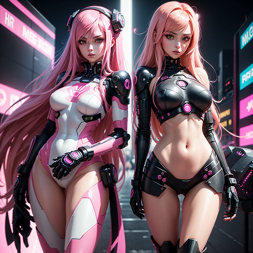 Two sexy Android girls with long pink hair in a pink suit with small yellow elements, the woman is half a cyborg modification Beautiful sexy with bright yellow eyes stands in full height with a half turn sideways Anime Style black background Cyberpunk style, Robot Girl, black background image of night black city and pink neon lights