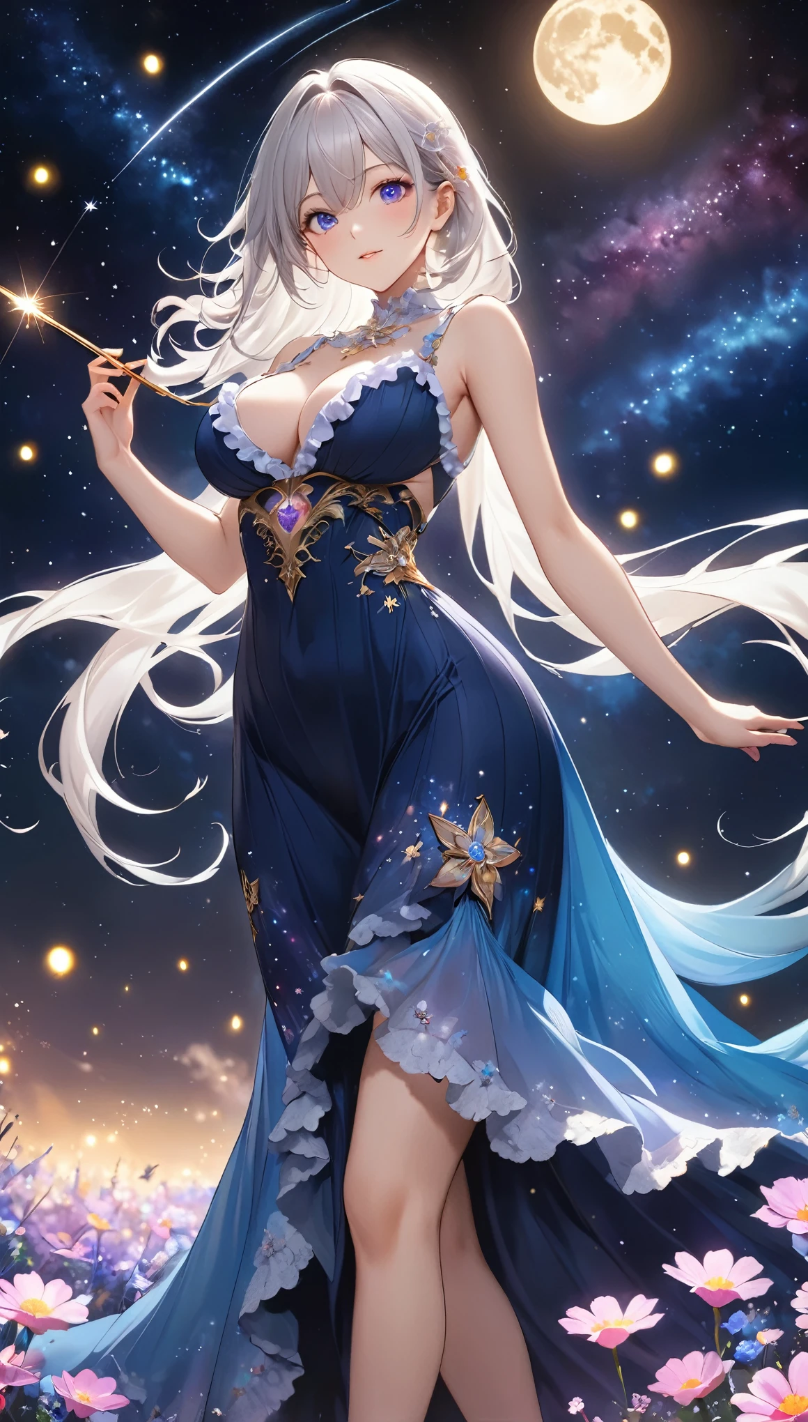 Highest quality, Super quality, 16K, Incredibly absurd, Very detailed, 2.5D, delicate and dynamic, Small faint lights and flying fireflies, night, Starry Sky, milky way, nebula, shooting star, Flowers, birds, wind and moon,erotic, sole sexy lady, healthy shaped body, 22 years old lady, White Devil Guide, 170cm tall, huge firm bouncing busts, Delicate eye depiction, Colorful magic wand, A long dress with a complex structure, A colorful long dress, frilly see-through long dress