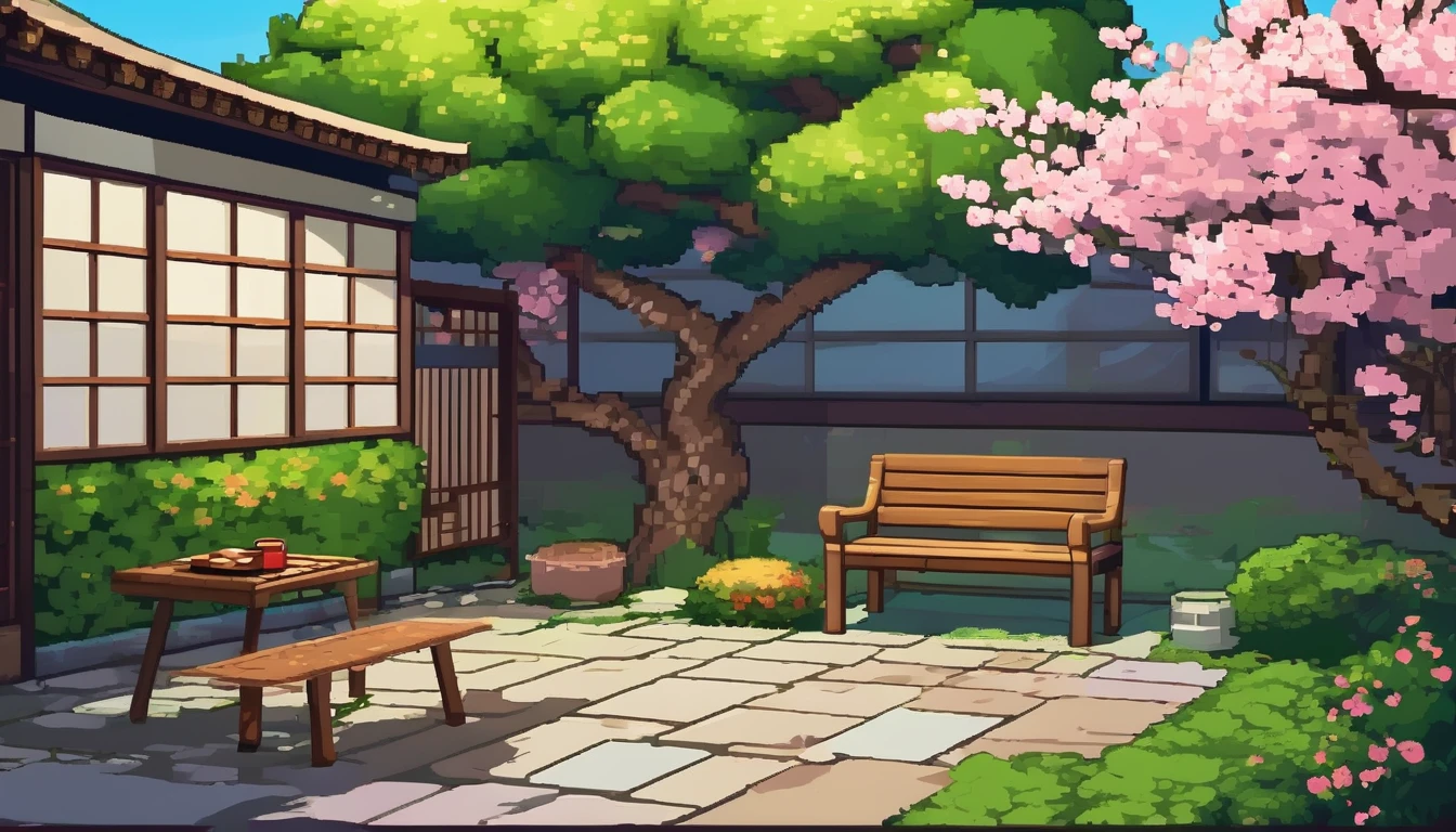 a japanese themed backyard with a sakura tree, a small patio set with one chair and small table, a white stone path and a flowering bush background multiple texture spritesheet, pop-art-and-cartoon-style themed, 2d side scroller game, front view, pixel art