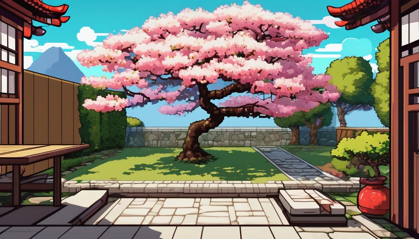 a japanese themed backyard with a sakura tree, a small patio set with one chair and small table, a white stone path and a flowering bush background multiple texture spritesheet, pop-art-and-cartoon-style themed, 2d side scroller game, front view, pixel art