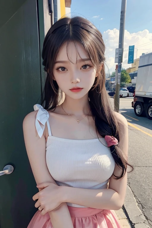 1 Girl, (Purple Eyes), (Tempting face :1.2), (Minatozaki Sana), (black makeup :1.2), Wide hips, (Large target  :1.1), (Large target ass), (Thin waist :1.2), muscle, (best quality, 8K, masterpiece: 1.3), Be focused: 1.2, Perfect body beauty: 1.4, (Strong abdominal muscles), Highly detailed face and skin textures, Delicate eyes, Double eyelids, (Glowing skin :1.2), (Red long straight hair :1.2), (Pink short off-shoulder bellyband :1.3), (cleveage :1.2),,(Close-up of face :1.2), baby face，身材Pink underwear，Pink underwear ，身穿乳胶Pink underwear，Pink underwear，Wearing a pink maid headdress，There are loving pupils in the eyes，