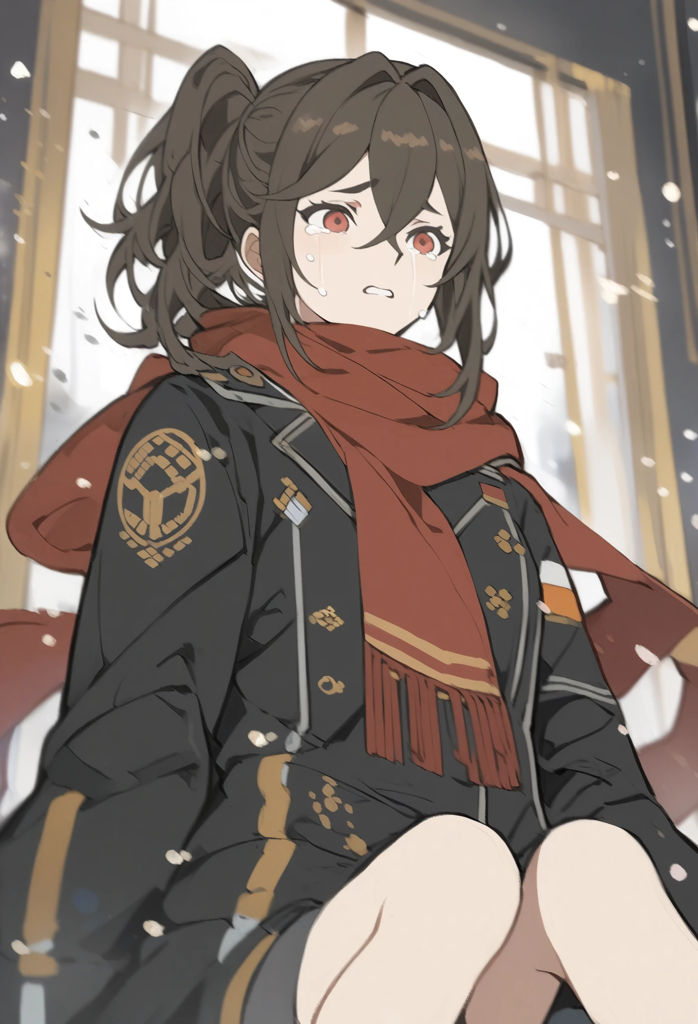 1girl papajay \(jennygin2\), official art, sitting, crying, tears streaming, black coat, red scarf, black hair, side_ponytail, red eyes, (very aesthetic, best quality, ultra detailed), intricate details, highres, indoors, light particles, close-up, blurry background,, low angle, cinematic angle, cowboy shot, emotional, delicate features