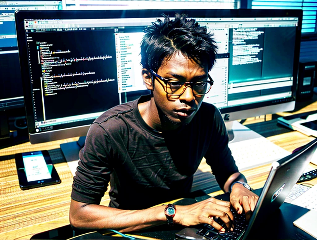 dark skinned man, with glasses using a laptop with a background about programming languages