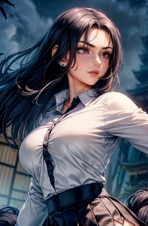 ((monsters looming:1.7、Woman fighting giant spiders))、((perfect anatomy,realist:1.3,raw photography:1.3,Masterpiece、of the highest quality、Ultra - high resolution、high resolution、Very detailed CG、8k)),cowboy shot,1 female,Alone,18 years、High school girl swordsman、18 yearsの美少女,Japanese,(((Beautiful face and detailed eyes:1.3,big and beautiful eyes:1.5,grey eyes,shy))),black fur, wide,(center parted hair,forehead),(big breasts, Skinny body,small head:1.3,Skinny),((Oily skin)),(glowing skin,shiny skin),(shiny black tight mini skirt、(white long sleeve collared shirt:1.4)、dynamic pose,Cut giant spiders with a sword、Japanese sword fighting、Accurately depicted Japanese sword、callejon、At night、Moonlight、SUCH. view from behind