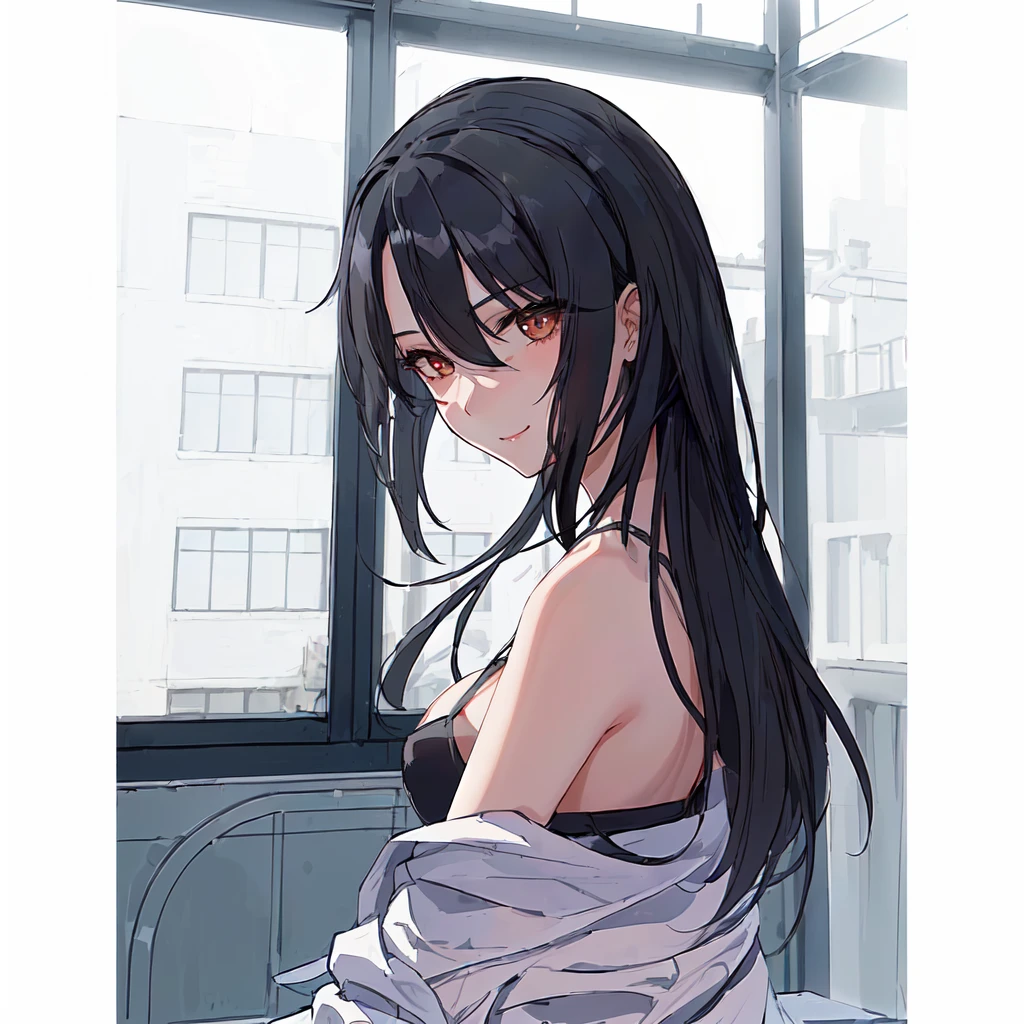 girl with long hair, Bblack hair e mechas roxa, long hair, black hair ((Bblack hair)) sultry gaze, lovely eyes, provocative smile (Bblack hair escuro) Lots of details in the clothes, detailed light and shadow, 8K, Perfect anime, sexy girl, big boobies, very sensual