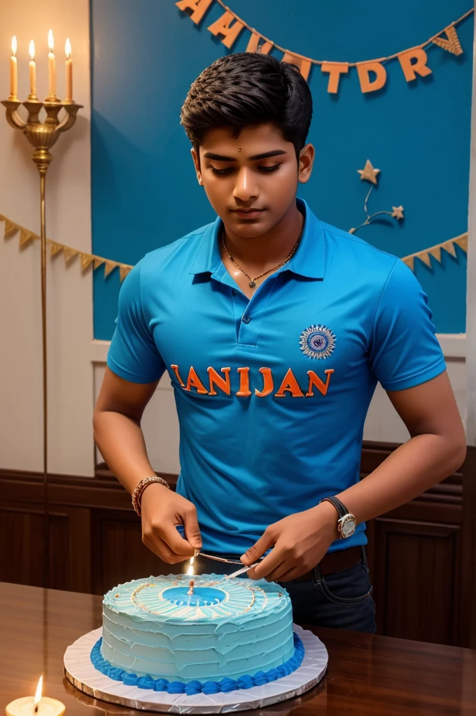 Create a 3d image in which a Indian teenager boy cutting Cake wearing blue color shirt with Name "Aman" is written clearly on the Cake and 23 year candle burning on the Cake, image features with birthday decorated view realistic image