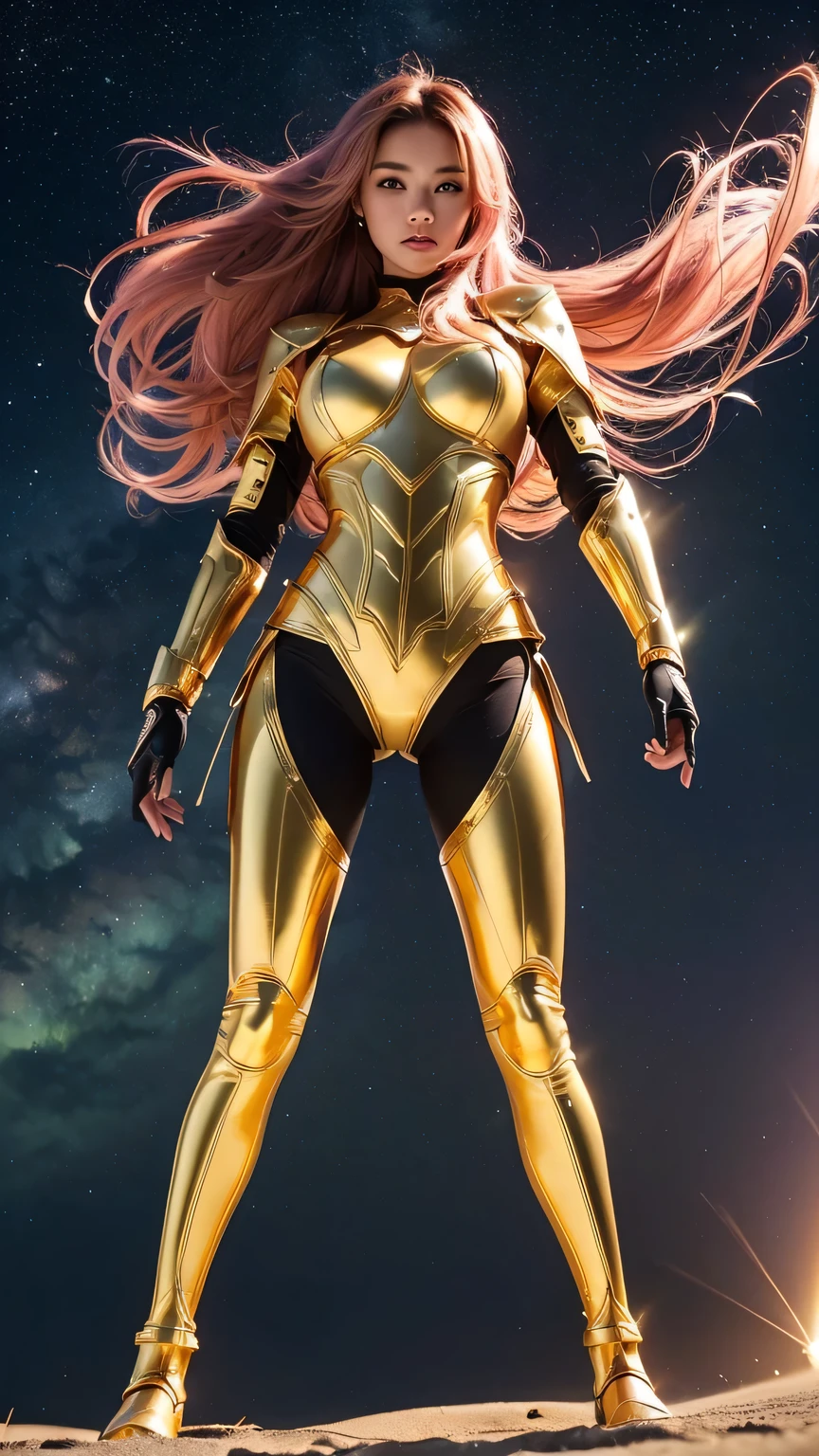 ((best quality)), ((masterpiece)), (ultra detailed lights), ((full body shot)), mid range distance from observer, indonesian girl, extremely beautiful, ((slim body)), thighs gap, ultra face details, 20 years old, ((pink curvy-hair)), ((hair blown by strong winds :1.3)), Award-winning photograph, ((symmetrical pose)), teen goddess in ((full body golden black armor)) are in the middle of battlefield, posing in the middle, ((thight golden armour)), ((extremely details armor)), ((tight latex panties)), ((24k-gold armor)), ((edge luminous armor)), epic lights reflections, at beach, full of stars, orange clouds, nebula sky, epic aurora borealis in the background, shooting stars, ((from below))