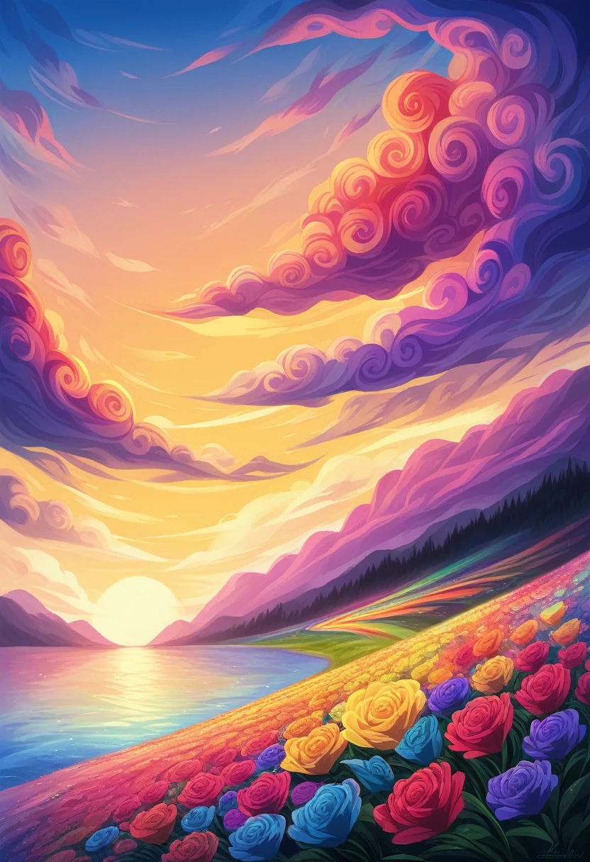 beautiful sunset over the lake with flowers and clouds, picturesque and colorful surroundings, Violet and yellow sunset, colorful sunset, floral sunset, extraordinary colorful landscape, colorful scene, beautiful backgrounds, colorful high definition image, magical colorful flowers, beautiful and colorful, beautiful colorful, Magnificent background, colorful glow, colorful sunset!!, really beautiful nature, fantasy flower field, beautiful nature