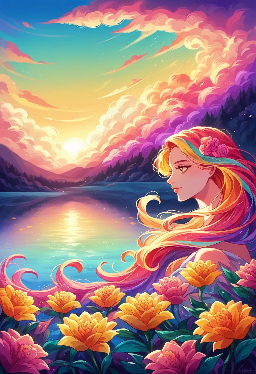 beautiful sunset over the lake with flowers and clouds, picturesque and colorful surroundings, Violet and yellow sunset, colorful sunset, floral sunset, extraordinary colorful landscape, colorful scene, beautiful backgrounds, colorful high definition image, magical colorful flowers, beautiful and colorful, beautiful colorful, Magnificent background, colorful glow, colorful sunset!!, really beautiful nature, fantasy flower field, beautiful nature