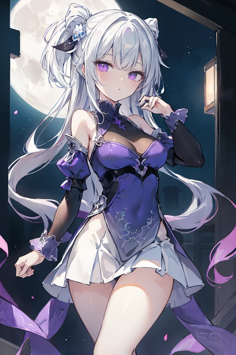 1girl, アニメ, cute girl, blank background, white background, fantasy, detailed fantasy dress with highlights, beautiful face, beautiful eyes, dark colors, black hair with multicolor streaks, red eye with different color pupil in eye, multicolor eye, medium breasts, slight cleavage, beautiful skin, cute, breast curtains, extremely delicate and beautiful, (beautiful detailed face:1.0), (detailed deep eyes), symmetrical breasts, deep eyes, shiny skin, portrait, slender waist, hips wider than shoulders, thighs, expressionless, young girl, luminous eyes, adorable，（Kpop idol）,（aegyo sal：1），（Platinum blonde hair：1），（（puffy eye）），Black panty，sexy posture，Superskirt, Ultra-high resolution，Black collar，slim figure, Abdominal y tattoo, womb tattoo，Tight-fitting leg ring，y tattoo on half-body，Bare skin, Armored hand，Hidden fingertips，Hand covered，Arm covered，Fist covered,{{beautiful detailed fingers}}, tufts of hair, moderate beautiful breast:1.0,(masterpiece:1.2), best quality, high-res, HDR, perfect face, intricate armor, delicate blue filigree, intricate filigree, red metalic parts, detailed part, dynamic pose, dynamic lights, cute face, neutral expression, shuimobysim, lotus, Hanfu, maxi skirt, dress conservatively 1girl, 独奏, long blue hair, standing, One lady,14years,((White hair) ,(Shiny purple bodysuit with microskirt),((Fantasy, Moon Night)), gradient_eyes,