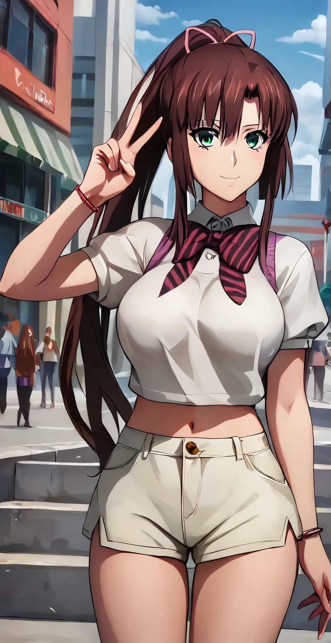 score_9, score_8_up, score_7_up, masterpiece, best quality, 1girl, sayaka kirasaka, source_anime, , standing, outdoors, posing, city, peace sign, arched back, large breasts