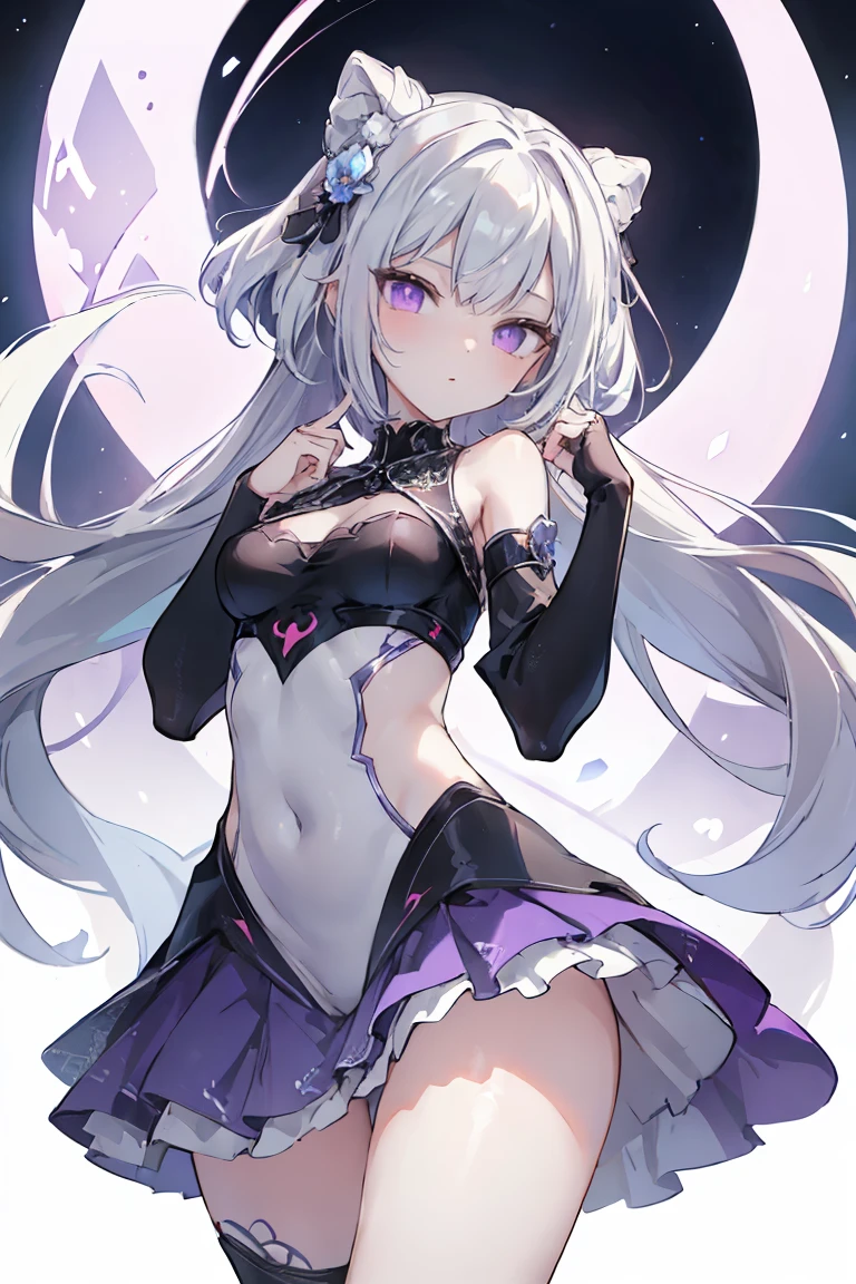 1girl, アニメ, cute girl, blank background, white background, fantasy, detailed fantasy dress with highlights, beautiful face, beautiful eyes, dark colors, black hair with multicolor streaks, red eye with different color pupil in eye, multicolor eye, medium breasts, slight cleavage, beautiful skin, cute, breast curtains, extremely delicate and beautiful, (beautiful detailed face:1.0), (detailed deep eyes), symmetrical breasts, deep eyes, shiny skin, portrait, slender waist, hips wider than shoulders, thighs, expressionless, young girl, luminous eyes, adorable，（Kpop idol）,（aegyo sal：1），（Platinum blonde hair：1），（（puffy eye）），Black panty，sexy posture，Superskirt, Ultra-high resolution，Black collar，slim figure, Abdominal y tattoo, womb tattoo，Tight-fitting leg ring，y tattoo on half-body，Bare skin, Armored hand，Hidden fingertips，Hand covered，Arm covered，Fist covered,{{beautiful detailed fingers}}, tufts of hair, moderate beautiful breast:1.0,(masterpiece:1.2), best quality, high-res, HDR, perfect face, intricate armor, delicate blue filigree, intricate filigree, red metalic parts, detailed part, dynamic pose, dynamic lights, cute face, neutral expression, shuimobysim, lotus, Hanfu, maxi skirt, dress conservatively 1girl, 独奏, long blue hair, standing, One lady,14years,((White hair) ,(Shiny purple bodysuit with microskirt),((Fantasy, Moon Night)), gradient_eyes,