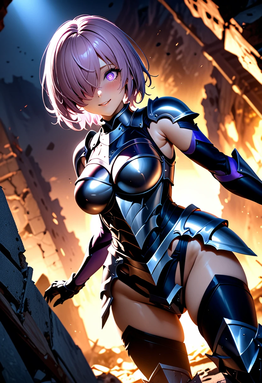 (masterpiece, top quality, best quality, beautiful and aesthetic:1.2), full body, SFW, extremely detailed, detailed face and eyes, cinematic light, depth of field, 1girl, seducing smile, solo, official, (full armored knight:1.4), dark armor, mash kyrielight, light purple hair, short hair, hair over one eye, slim body, cinematic lighting, dramatic lighting, dramatic atmosphere, hyper-realistic, high resolution, stunning contrast, high quality, best quality, 8k, 4k, intricately detailed, (amazing details:1.2), highly detailed skin, powerful presence, vibrant colors, (detailed eyes:1.2), striking eyes, (detailed background), (warzone on background, night, ruins), (dynamic angle:1.2), (dynamic pose:1.2)
