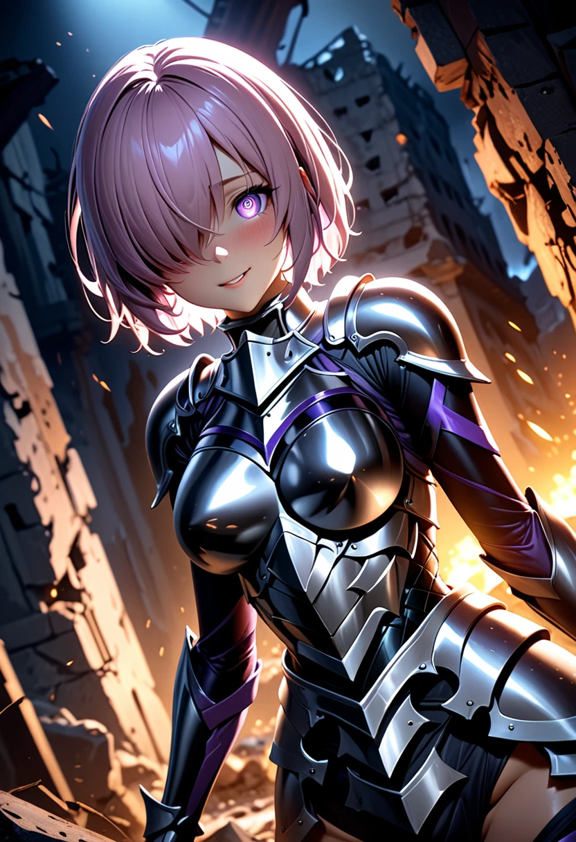 (masterpiece, top quality, best quality, beautiful and aesthetic:1.2), full body, SFW, extremely detailed, detailed face and eyes, cinematic light, depth of field, 1girl, seducing smile, solo, official, (full armored knight:1.4), dark armor, mash kyrielight, light purple hair, short hair, hair over one eye, slim body, cinematic lighting, dramatic lighting, dramatic atmosphere, hyper-realistic, high resolution, stunning contrast, high quality, best quality, 8k, 4k, intricately detailed, (amazing details:1.2), highly detailed skin, powerful presence, vibrant colors, (detailed eyes:1.2), striking eyes, (detailed background), (warzone on background, night, ruins), (dynamic angle:1.2), (dynamic pose:1.2)