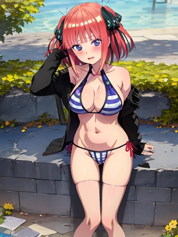 best quality, insanely detailed, nino nakano, breasts, swimsuit, halterneck, striped, flower print