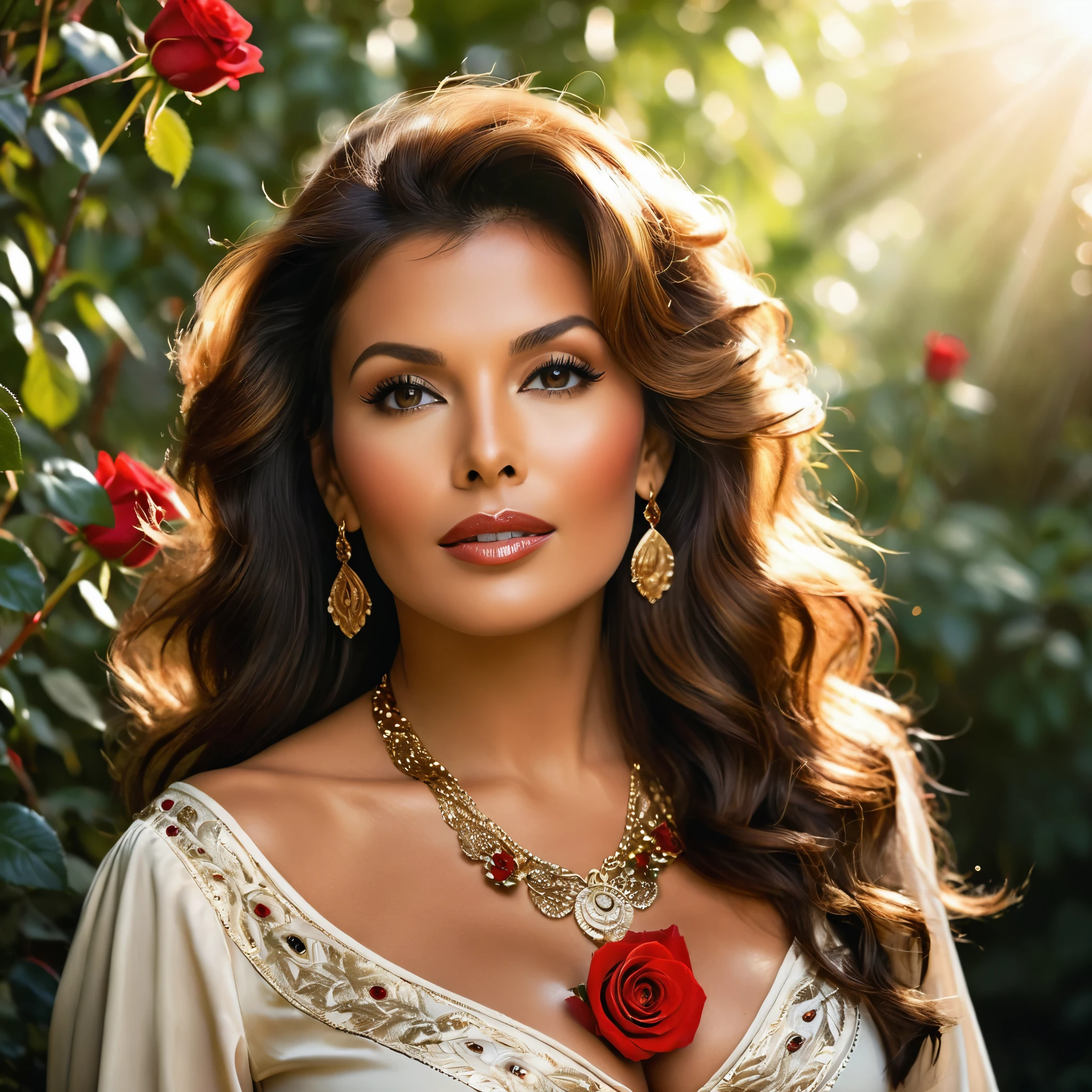 Create a highly detailed and realistic portrait of a young Raquel Welch with long, wavy black hair adorned with red roses. She has striking, expressive eyes and a calm, composed expression. She is wearing a vintage-style outfit with a necklace featuring a pendant. The background is a soft-focus natural setting with warm, dappled sunlight filtering through the leaves, enhancing the serene and romantic atmosphere. The style should be hyper-realistic with a touch of romanticism. Photo Realistic photo, vibrant colors, 16k