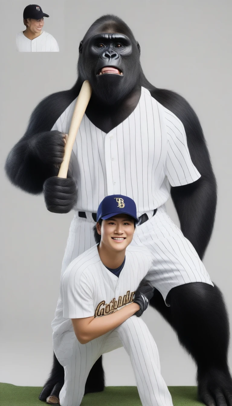 "Create an image of Shohei Ohtani, the professional baseball player, fused with a gorilla. The image should feature Shohei Ohtani's face combined with the powerful body of a gorilla, wearing a baseball uniform, and holding a baseball bat. The background should be a baseball stadium with cheering fans."