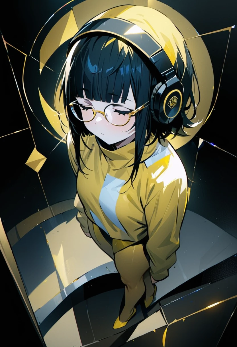 (angelic by Nicola Samori), (golden ratio beautiful:1.4), (masterpiece, best quality:1.4), full body, female, short hair, (((yellow under-rim glasses:1.3))), headphone, Blunt bangs, closed eyes