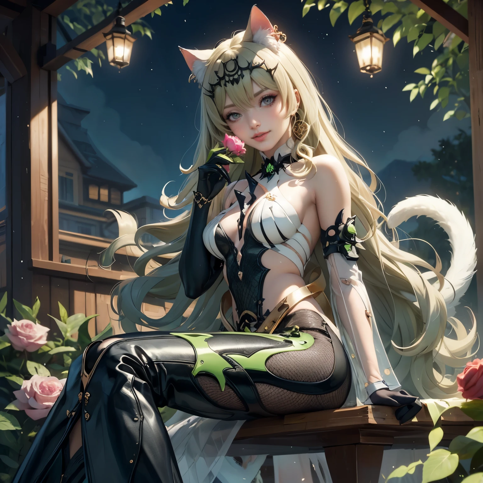 1girl, white dress, jewelry, green hair, flowing hair, long hair, white roses, firefly, oriental architecture, Chinese maid dress, white laces, black boots, gold details on her clothes, cat ears, animal ears, lake, seat ont he water, a garden with lake scenery, white roses, flowers, more details, perfectly body, perfectly hands, two hands, two legs, two arms, five fingers, glowing hair, best quality, cat ears, animal ears, tail ornament, tail bow, gloves, two cat tail, red gloves, alone, maid headdress, choker, detached sleeves, maid dress, maid white dress, strapless, masterpeice, best quality, detailed face, night, mobius (honkai impact), honkai (series), honkai impact 3rd, asymmetrical gloves, bangs, short skirt , black gloves, boots, crown, earrings, elbow gloves, fishnet thighhighs, fishmasterpeice, solo, best quality, detailed face, gloves, green eyes, green hair, hair between eyes, jewelry, long hair, looking at viewer, single earring, sky, sleeveless, solo, thigh boots, thighhighs, tongue, tongue out, uneven gloves, sitting, cat ears, animal ears, cat tail, holding a ice cream