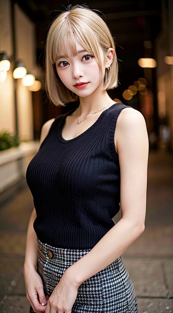 (8K, Raw photo:1.2),Detailed face and eyes,Best Quality, 超A high resolution, Highly detailed ,intricate detailes ,masutepiece ,Cute Girl , Soft cinematic light, Hyper-detailing,Sharp Focus, High quality,a blond, bob cuts, tits out, knit, long skirt