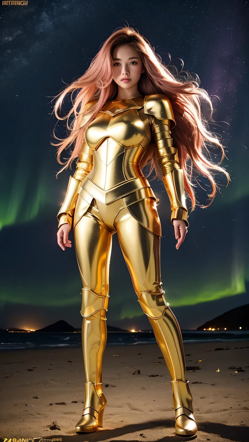 ((best quality)), ((masterpiece)), (ultra detailed lights), ((full body shot)), indonesian girl, extremely beautiful, ultra face details, 20 years old, ((pink curvy-hair)), ((hair blown by strong winds :1.3)), Award-winning photograph, teen goddess in ((full body golden black armor)) are in the middle of battlefield, posing in the middle, ((thight golden armour)), ((extremely details armor)), ((tight latex panty)), ((24k-gold armor)), ((edge luminous armor)), epic lights reflections, at beach, epic aurora borealis in the background, shooting stars,