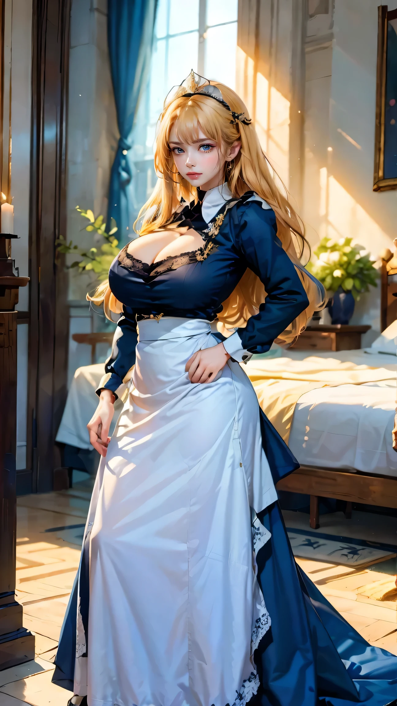 Best quality, masterpiece, ultra high res, raw photo, beautiful and aesthetic,deep shadow, dark theme,(ultra detailed:1.3),
1girl, dynamic pose, Headdress, (beautiful face, detailed eye:1.2), embarrassed, (busty breasts, gigantic breasts:1.1), drill hair, long hair, blonde hair, gradient hair, yellow eyes, solo, big hair, blue hair, divine goddess, looking at viewer, indoors, royal palace, medieval bedroom, astraea, full body, victorian maid dress, (apron:1.2)