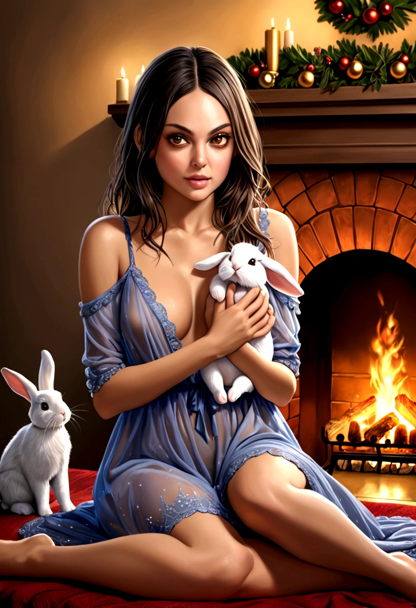 Mila Kunis a beautiful young woman (Mila Kunis, age 25), wearing an airy sheer Christmas night gown (shoulders exposed, deeply plunging neckline) , nude except for night gown, her intimate areas partially exposed and very detailed, sitting cross-legged by an old-fashioned fireplace with a roaring fire, playing with and petting a cute  bunny, Christmas scene (best quality, 4k, 8k, highres, masterpiece:1.2), ultra-detailed, (realistic, photorealistic, photo-realistic:1.37), HDR, UHD, studio lighting, ultra-fine painting, sharp focus, physically-based rendering, extreme detail description, professional, vivid colors, bokeh, portrait, figurative, intimate, sensual, cozy, Christmas, warm lighting, chiaroscuro (show her entire body, show all of her)
