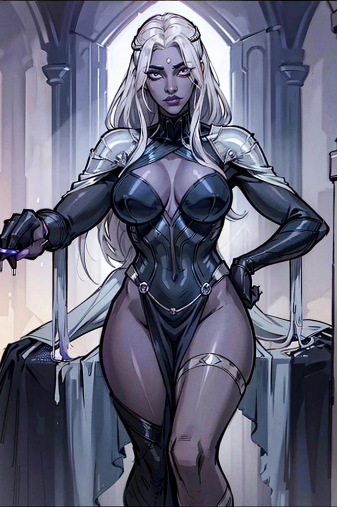Woman, tall and slim, with dark blue skin that absorbs light. Its large eyes vary between violet and silver., shining brightly in the darkness. Her hair is white or silver, with a silky texture like a spider's web, it's night