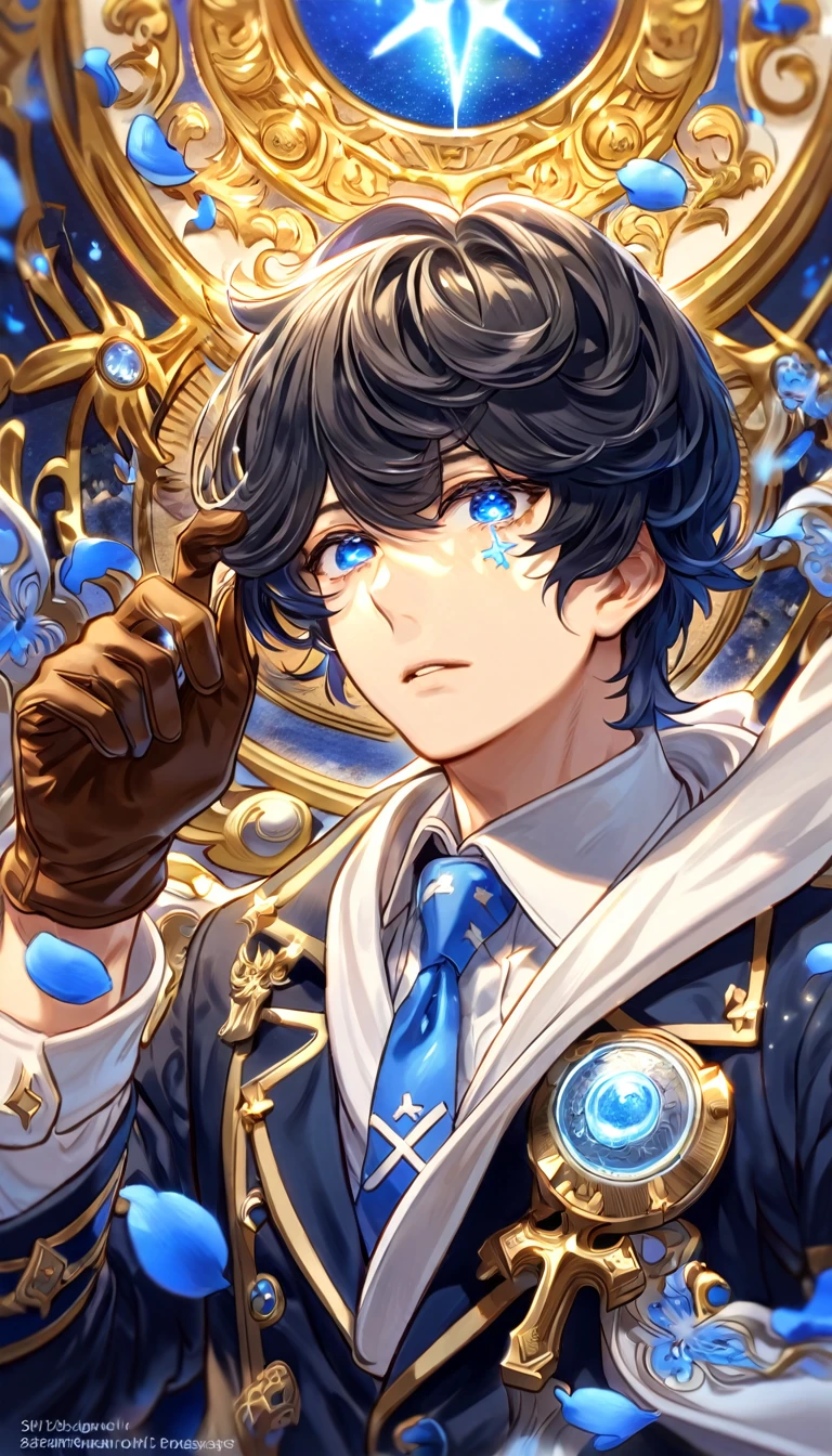 Ultra detailed, highres, absurdres, HDR, master piece, Jiggy Pepper, messy black hair, short hair, expressive blue eyes, Tegami Bachi, blue petals, white scarf, sexy man, solo, best quality, blue flowers, blue shining fireflies, handsome, fantasy, magical, brown gloves, blue moon, dark blue trademark jacket with white patters, blue necktie, white shirt, a mark of a cross on his right eye,