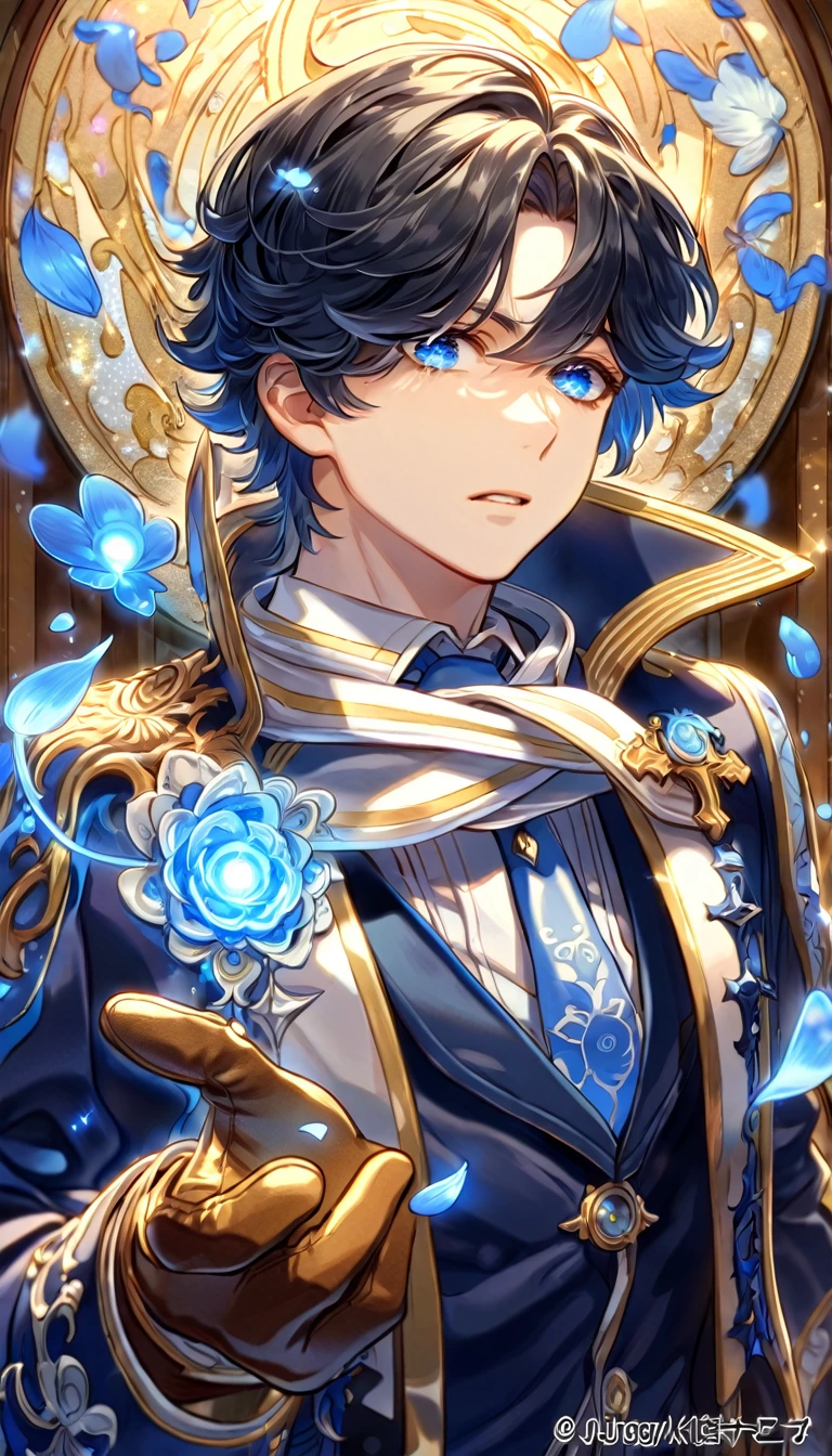 Ultra detailed, highres, absurdres, HDR, master piece, Jiggy Pepper, messy black hair, short hair, expressive blue eyes, Tegami Bachi, blue petals, white scarf, sexy man, solo, best quality, blue flowers, blue shining fireflies, handsome, fantasy, magical, brown gloves, blue moon, dark blue trademark jacket with white patters, blue necktie, white shirt, a mark of a cross on his right eye,