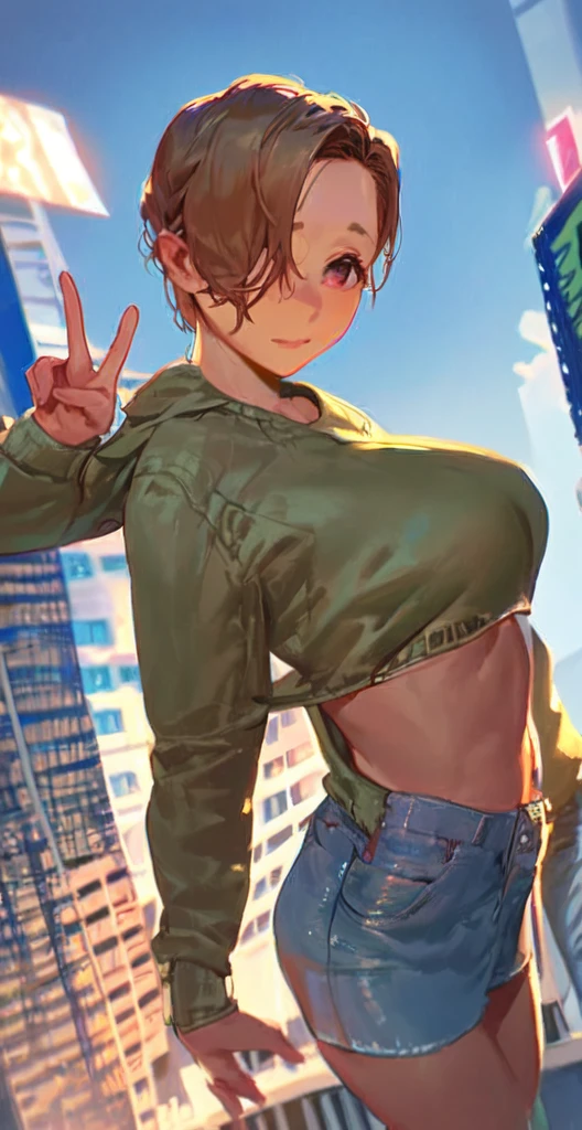 score_9, score_8_up, score_7_up, masterpiece, best quality, 1girl, sayaka kirasaka, source_anime, , standing, outdoors, posing, city, peace sign, arched back, large breasts