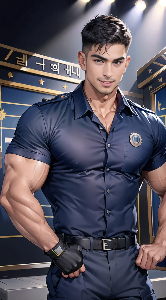 handsome man Lying down next to the stage ,(crew cut short hair:1.2),black eye,smile,open mouth (navy police uniform:1.2),(shirt short sleeves:1.2),collar,(shirt covered over:1.2),(name tag and Police badge:1.3),(shirt no buttons:1.1),(black_gloves:1.3), (Navy blue cargo:1.2),Korean guy,korean men,(High gloss details),(chest muscles:1.2),(large arm muscles:1.2),blood vessel,Big muscles,Broad shoulders,looking at the audience,Balancing the eyes,middle of the road,(stage:1.2),