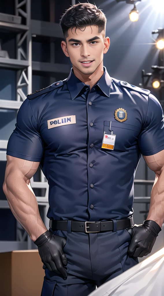 handsome man Lying down next to the stage ,(crew cut short hair:1.2),black eye,smile,open mouth (navy police uniform:1.2),(shirt short sleeves:1.2),collar,(shirt covered over:1.2),(name tag and Police badge:1.3),(shirt no buttons:1.1),(black_gloves:1.3), (Navy blue cargo:1.2),Korean guy,korean men,(High gloss details),(chest muscles:1.2),(large arm muscles:1.2),blood vessel,Big muscles,Broad shoulders,looking at the audience,Balancing the eyes,middle of the road,(stage:1.2),