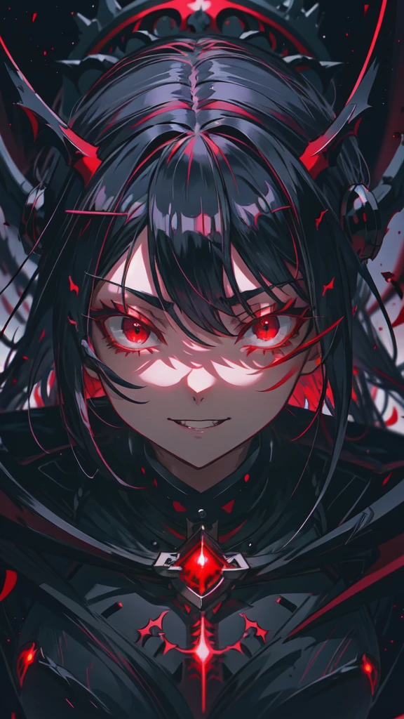 anime girl With red eyes and black hair with a black dress, Devil Anime Girl, With eyes that glow red, everyone, Red eyes glow, With red eyes, Beautiful and detailed anime art, Wicked smile and glowing eyes, Detailed digital anime art, Detailed Key Anime Art, Vampire Girl, Gap Moe Yandere Grimdark, Anime Monster Girl