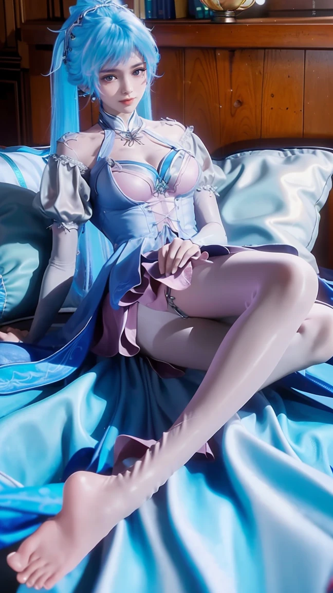 一个女孩Lying in bed,Dressed in suspender pajamas,Face up,Raise your legs slightly,Front view super detailed beautiful big breasted girl . Ultra HD, 4K, 8K, Movie,whole body,Lying down,Long legs,Very big breasts,whole body捕捉,(((Lying in bed))),(((whole bodyLying in bed))),big bed,Off-shoulder,Shoulder-length skirt,Lying in bed,Sleeping on the pillow,Lying down,Headrest pillows,(((平Lying in bed))),whole body平Lying in bed,Sky blue double ponytail,Long colored hair,淡蓝Long colored hair