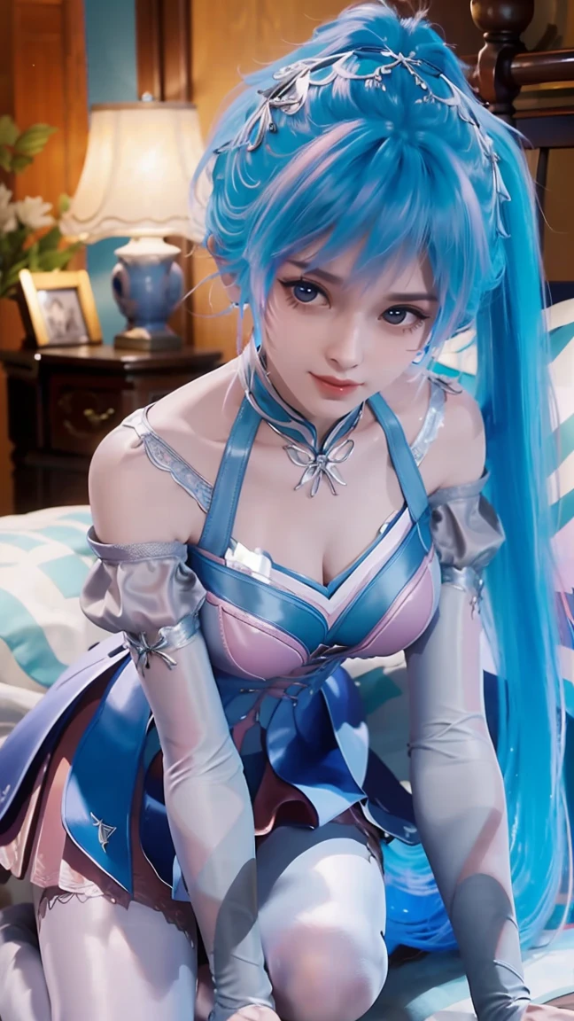 一个女孩Lying in bed，Dressed in suspender pajamas，Face up，Raise your legs slightly，Front view super detailed beautiful big breasted girl 16 years old. Ultra HD, 4K, 8K, Movie，whole body，Lying down，Long legs，Very big breasts，whole body捕捉，（（（Lying in bed））），（（（whole bodyLying in bed））），big bed，Off-shoulder，Shoulder-length skirt，Lying in bed，Sleeping on the pillow，Lying down，Headrest pillows，（（（平Lying in bed））），whole body平Lying in bed，Sky blue double ponytail，Long colored hair，淡蓝Long colored hair