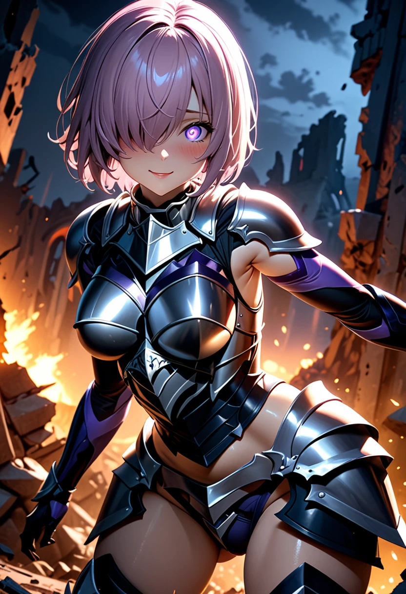 (masterpiece, top quality, best quality, beautiful and aesthetic:1.2), full body, SFW, extremely detailed, detailed face and eyes, cinematic light, depth of field, 1girl, seducing smile, solo, official, (full armored knight:1.4), dark armor, mash kyrielight, light purple hair, short hair, hair over one eye, slim body, cinematic lighting, dramatic lighting, dramatic atmosphere, hyper-realistic, high resolution, stunning contrast, high quality, best quality, 8k, 4k, intricately detailed, (amazing details:1.2), highly detailed skin, powerful presence, vibrant colors, (detailed eyes:1.2), striking eyes, (detailed background), (warzone on background, night, ruins), (dynamic angle:1.2), (dynamic pose:1.2)