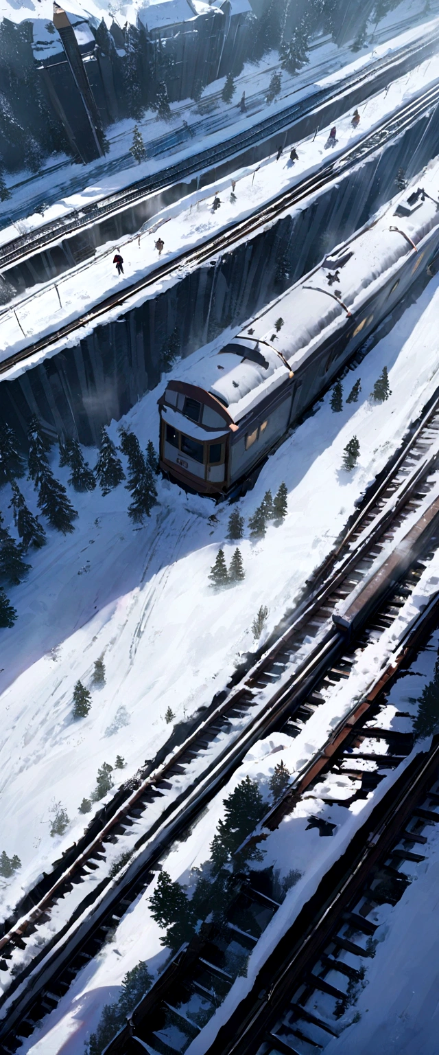 There is a train accident on the tracks.,snow storm,4k, aerial view bird's eye view