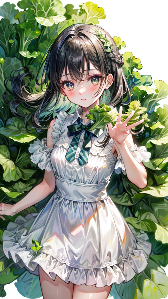 (Best quality, 8k, 32k, Masterpiece, UHD,:1.2),RAW, 1girl,ultra cute , natural lighting,transparent shining eyes, 20yo ,fair complexion, long hair, french braid, flushed face,femur, medium hair, dress Like lettuce, dress made of lettuce leaf, fresh, fresh green dress, Happily, lettuce Field, ((surrounded by lettuces)), emphasizing the femur, Cowboy shot, leaf hair ornaments, cabbage fairy, From above