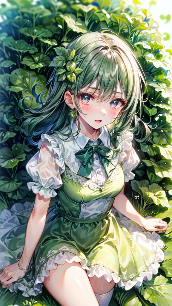 (Best quality, 8k, 32k, Masterpiece, UHD,:1.2),RAW, 1girl,ultra cute , natural lighting,transparent shining eyes, 20yo ,fair complexion, long hair, french braid, flushed face,femur, medium hair, dress Like lettuce, dress made of lettuce leaf, fresh, fresh green dress, Happily, lettuce Field, ((surrounded by lettuces)), emphasizing the femur, Cowboy shot, leaf hair ornaments, cabbage fairy, From above