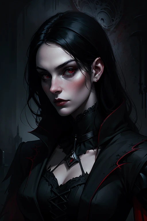 Woman with black hair and red eyes in black outfit, Vampire Girl, Dark, But detailed digital art, dark fantasy style art, Portrait of a vampire, androgynous vampire, Dark art style, style of charlie bowater, gothic horror vibes, tom bagshaw artstyle, gothic art style, dark fantasy portrait, neoartcore and charlie bowater