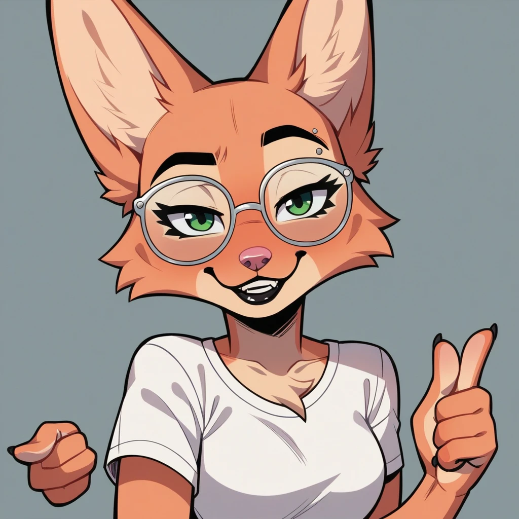 score_9, score_8_up, score_7_up, score_6_up, score_5_up, score_4_up, Diane_Foxington, fox, red fur, emerald eyes, black lipstick, accentuated black eyebrows, silver eyebrow piercings, dusty pink nose, black eyelashes, 4 fingers, white t-shirt with a v in the part of the chest, glasses, tired, but happy, with a proud looking at viewer, smiling, giving a thumbs up with her hand
