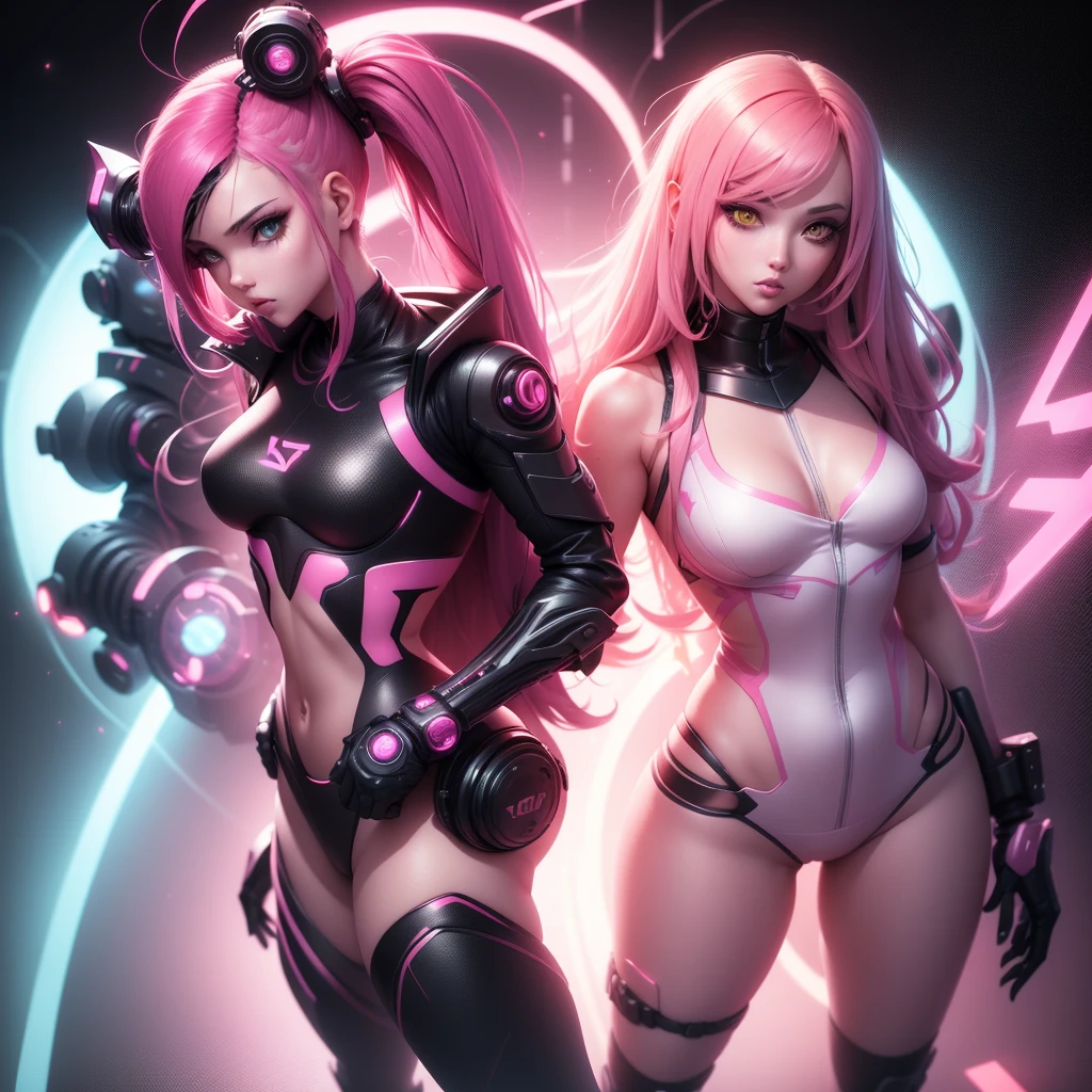 Two sexy Android girls with long pink hair in a pink suit with small yellow elements back to back woman half cyborg modification Beautiful sexy with bright yellow eyes stands at full height with a half turn sideways Anime Style black background Cyberpunk style, Robot Girl, black background image of night black city and pink neon lights