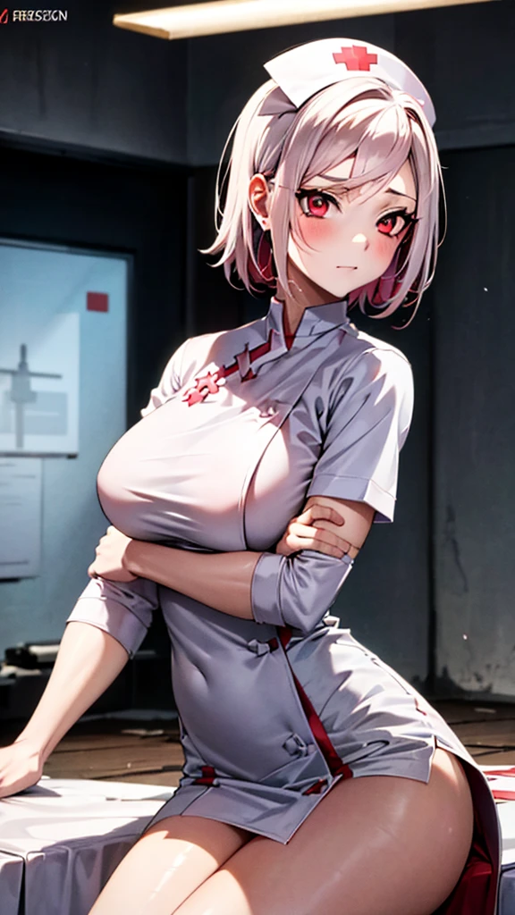 Masterpiece artwork, highest quallity, More details, 1 girl, BREAK, horor, (Little injured girl, bloodstains, bleeding, injury), Bright white hair, red eyes like jewels, anime highlighted eyes, (nurse uniform: 1.4), (White tight miniskirt: 1.2), white pantyhose, clothes with scars, dirt clothes, roupas manchadas de bloodstains, scarred skin, battle damage, bandaged arms, bandaged legs, (yandere: 1.2), BREAK, The background is a modern hospital, a collapsing hospital, BREAK , fully body, film lighting, Action Movie Poster, dynamic, beautiful action actress, motion-blur, Depth of field, 35mm, Sony FE, 1girl, musculosa extremely muscular, extremely muscular, extremely large physique, pernas extremely musculars, braços extremely muscular, extremely sex,