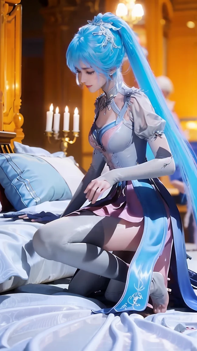 a girl lying on a bed, facing upward, slightly raising her leg, extremely detailed and beautiful 16 year old girl, 4K, 8K, cinematic, full body, lying, long legs, full body capture, (((lying on a bed))), (((full body lying on a bed))), large bed, lying on a bed, head resting on pillow, high quality, photorealistic, hyperrealistic, beautiful skin, flawless complexion, beautiful eyes, long eyelashes, delicate facial features, beautiful lips, graceful pose, natural lighting, warm color palette,Sky blue double ponytail,Long colored hair,淡蓝Long colored hair