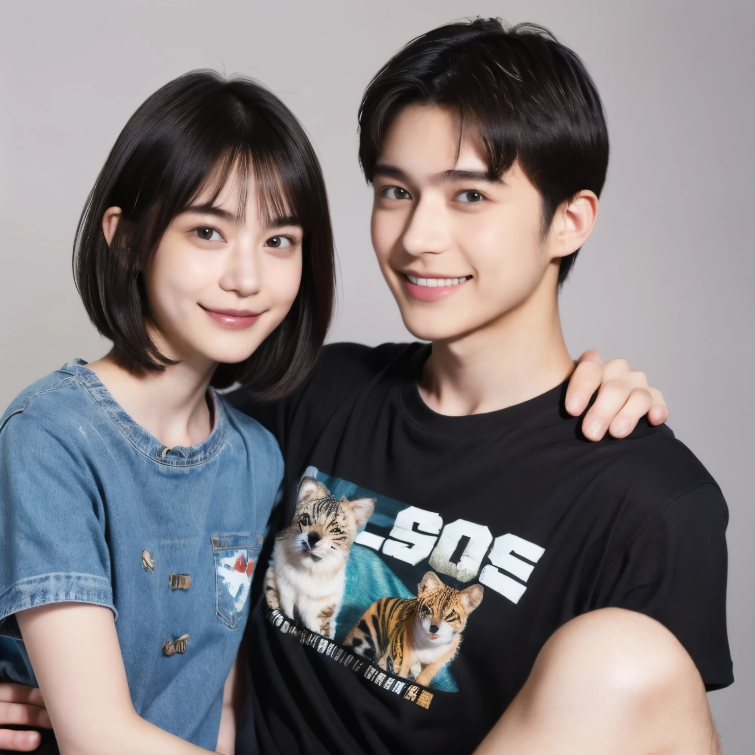250 (An 18-year-old female and an 18-year-old male), (short hair),kind, lipstick, (jeans), (Animal characterＴshirt), smile