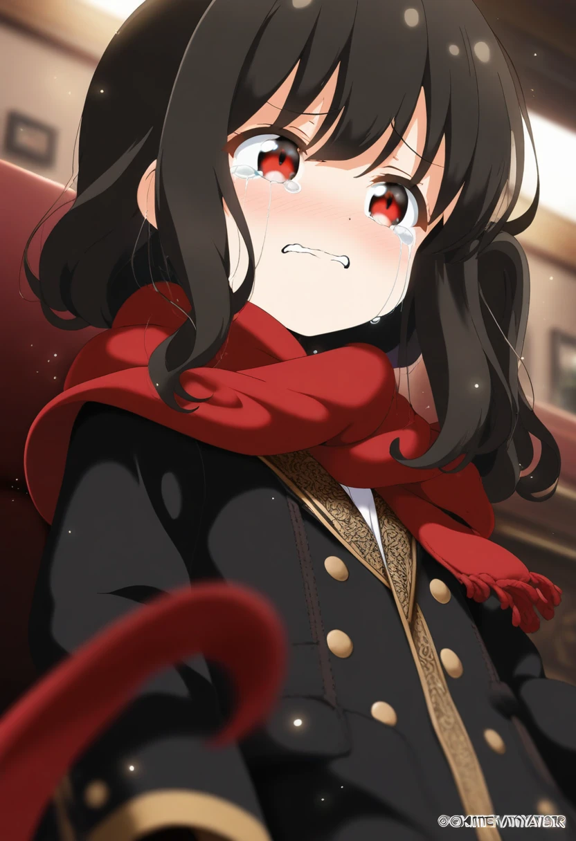 1girl mitya, official art, sitting, crying, tears streaming, black coat, red scarf, black hair, side_ponytail, red eyes, (very aesthetic, best quality, ultra detailed), intricate details, highres, indoors, light particles, close-up, blurry background,, low angle, cinematic angle, cowboy shot, emotional, delicate features