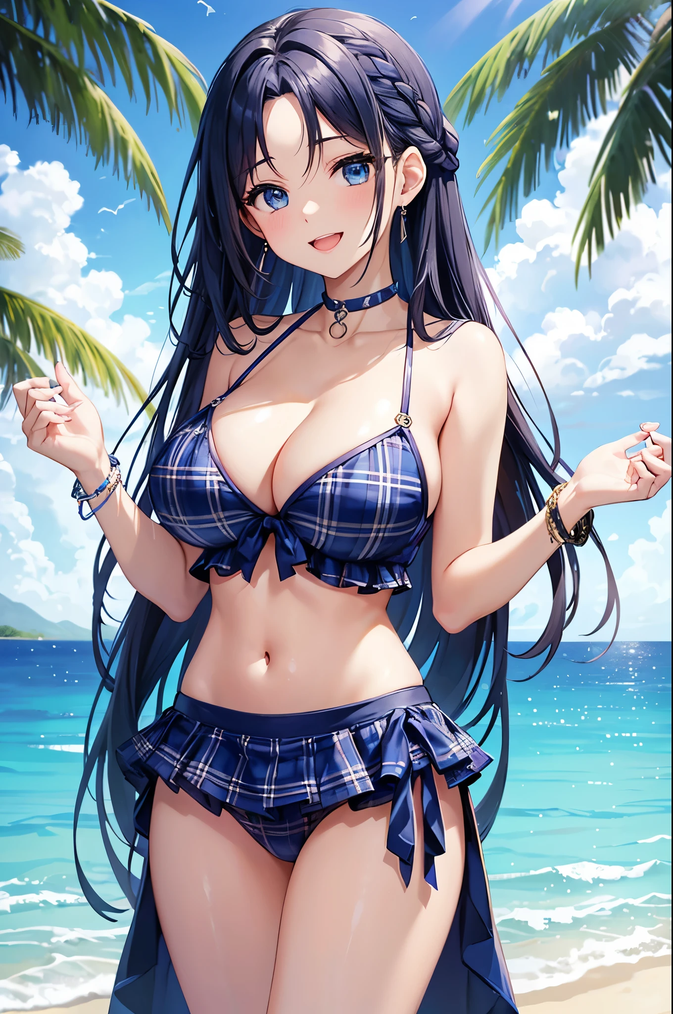 Highest quality、Highest quality、masterpiece、(8K),beauty(Age 25)、Navy blue long hair(Braiding of sides)、blue eyes、Sexy Bikini(Plaid)、Big cleavage、(Big Breasts)、smile、blue necklace、Blue Earrings、background(Beach)、Please open your mouth wide、bracelet、Arching pose、Blue choker