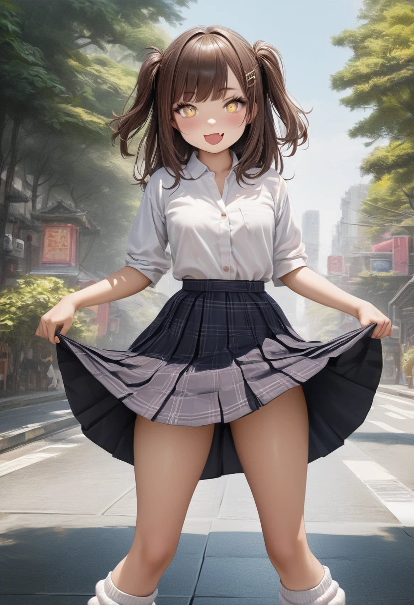 (1girl, sharp focus solo), (full body portrait image:1.4), (Masterpiece, Super photo realistic, Super details, Super Highest Quality, Super Highest photo realistic), super cute and beautiful girl, You are a professional photographer, Very Japanese gal, Wearing plaid pleat skirt, False eyelashes, Pearl pink glossy lips, Unbuttoned white shirt, (kawaii girl:1.3), (yellow eyes:1.4), (Wider at the hem flabby large in size Super Loose Socks:1.4), (loafer), (cute Japanese girl:1.4), (skin fang:1.4), Very happy smile, Extremely Realistic, open mouth, half close eyes, slim waist, (tanned skins:1.4), (slim beautiful legs), a girls incoming, black pupils, dark brown color hair style, gal, big eyes, open mouth, dark brown hair color, two side up hair style, hair pin, (cute Asian gal:1.4), (wide stans standing pose:1.4), The hem of the shirt is half covering the skirt,